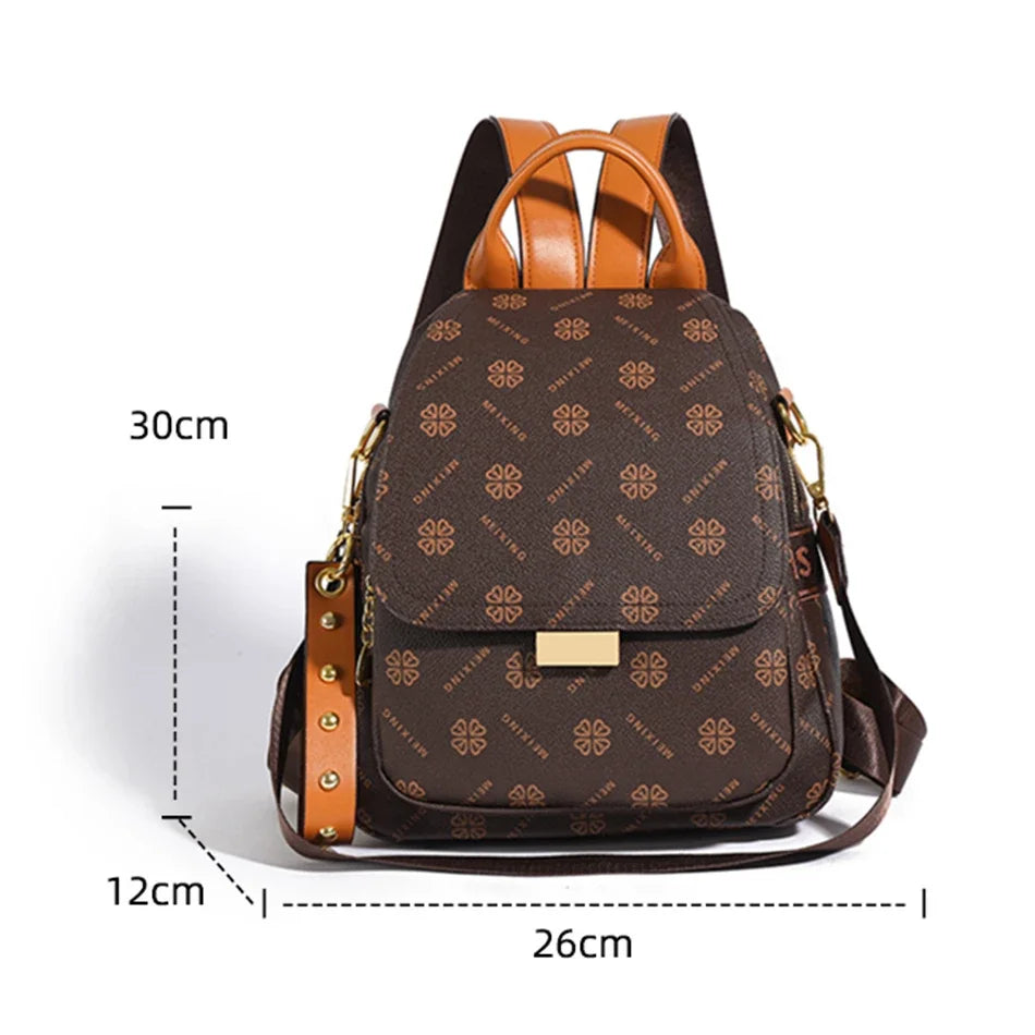 Women's Leather Backpack High-grade Texture Portable Elegant Printed Design Anti-Theft Versatile Shoulder Bag for Daily Use