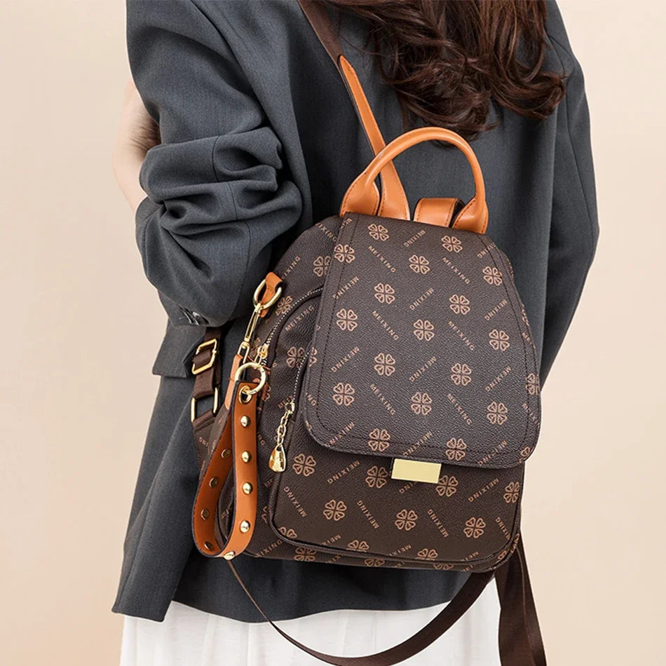 Women's Leather Backpack High-grade Texture Portable Elegant Printed Design Anti-Theft Versatile Shoulder Bag for Daily Use