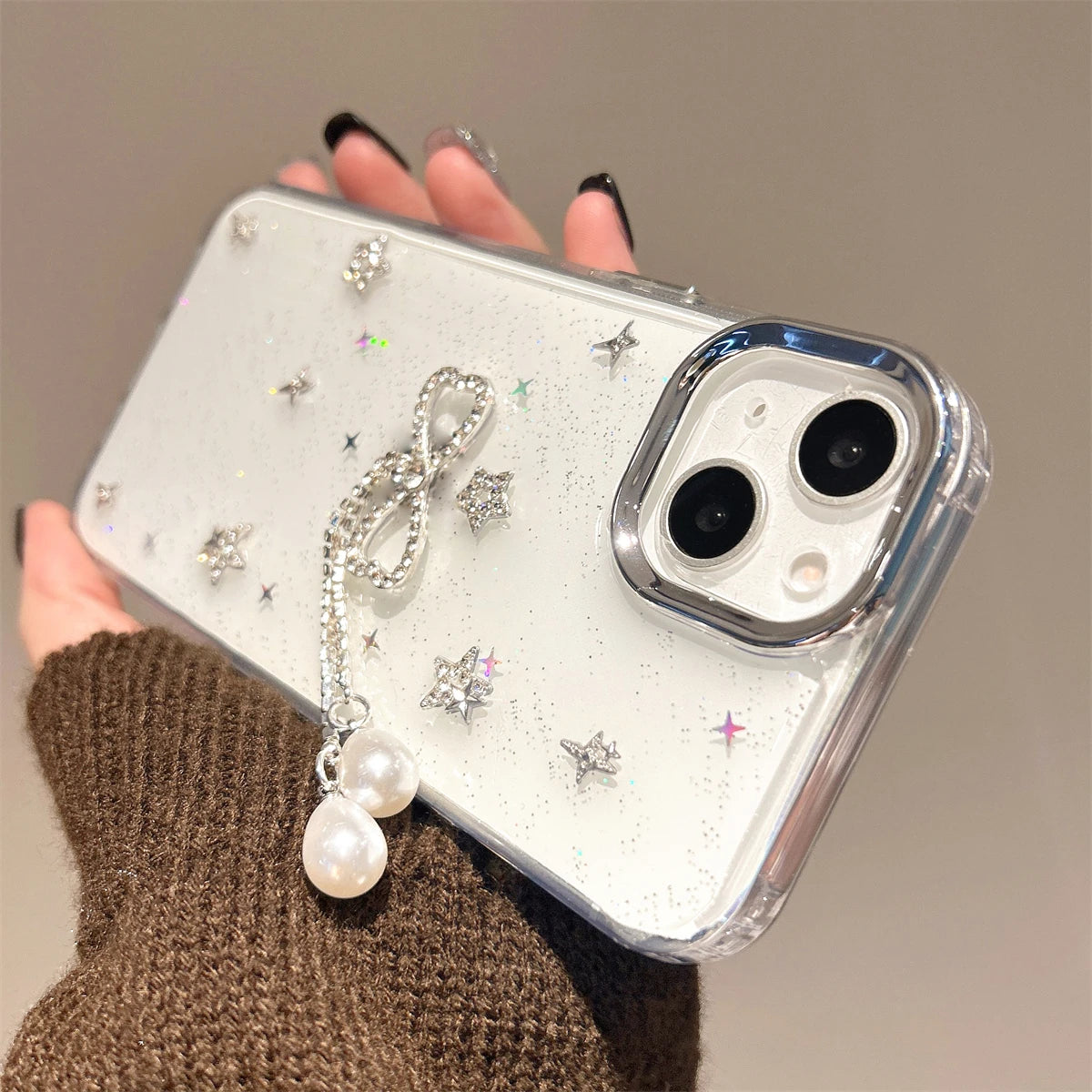3D Rhinestone Star Bowknot Tassel Epoxy Phone Case For iPhone 16 15 14 13 11 12 Pro Max Plus Glitter Sequins Clear Gift Shell