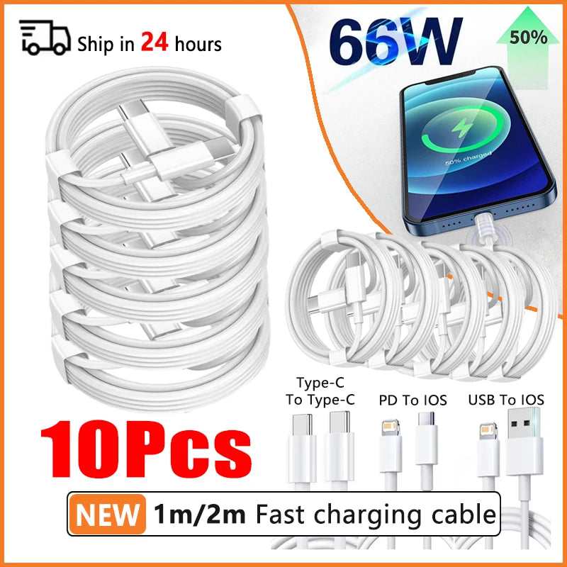 10Pcs 66W Type C PD 30W USB Cable For Apple iPhone 16 15 14 13 12 11 Pro Max 7 8 Plus XS R Fast Charging USB C Cable Charge Wire