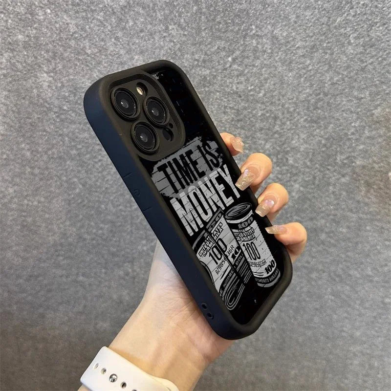 Luxury Phone Case For iPhone 16 15 14 12 11 13 Pro Max Time is Money Printed Soft Cover For iPhone 16E 15 16 Plus 7 8 X XS Case