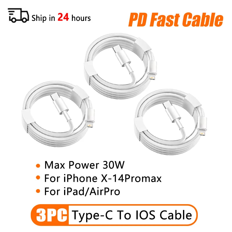 10Pcs 66W Type C PD 30W USB Cable For Apple iPhone 16 15 14 13 12 11 Pro Max 7 8 Plus XS R Fast Charging USB C Cable Charge Wire