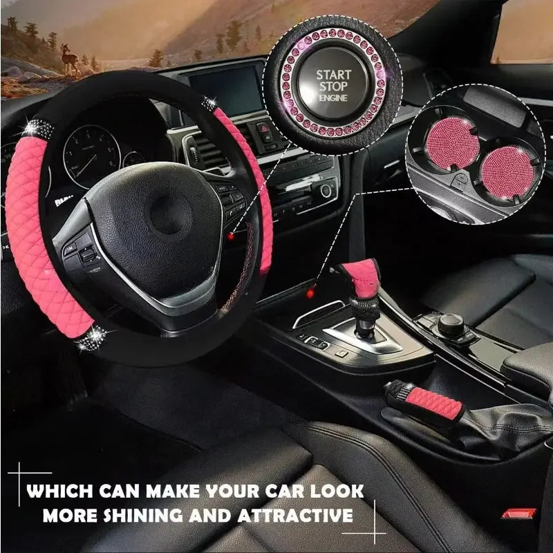 10pcs Sparkling Faux Diamond PU Leather Car Accessories Set Including Steering Wheel Cover, Center Console Armrest Pad