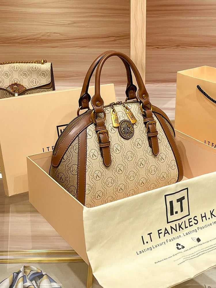 Khaki Retro Leather Women's Handbag Fashion Geometric Floral Girls Shoulder Bag Hundred Splicing Color Collision Girls Crossbody