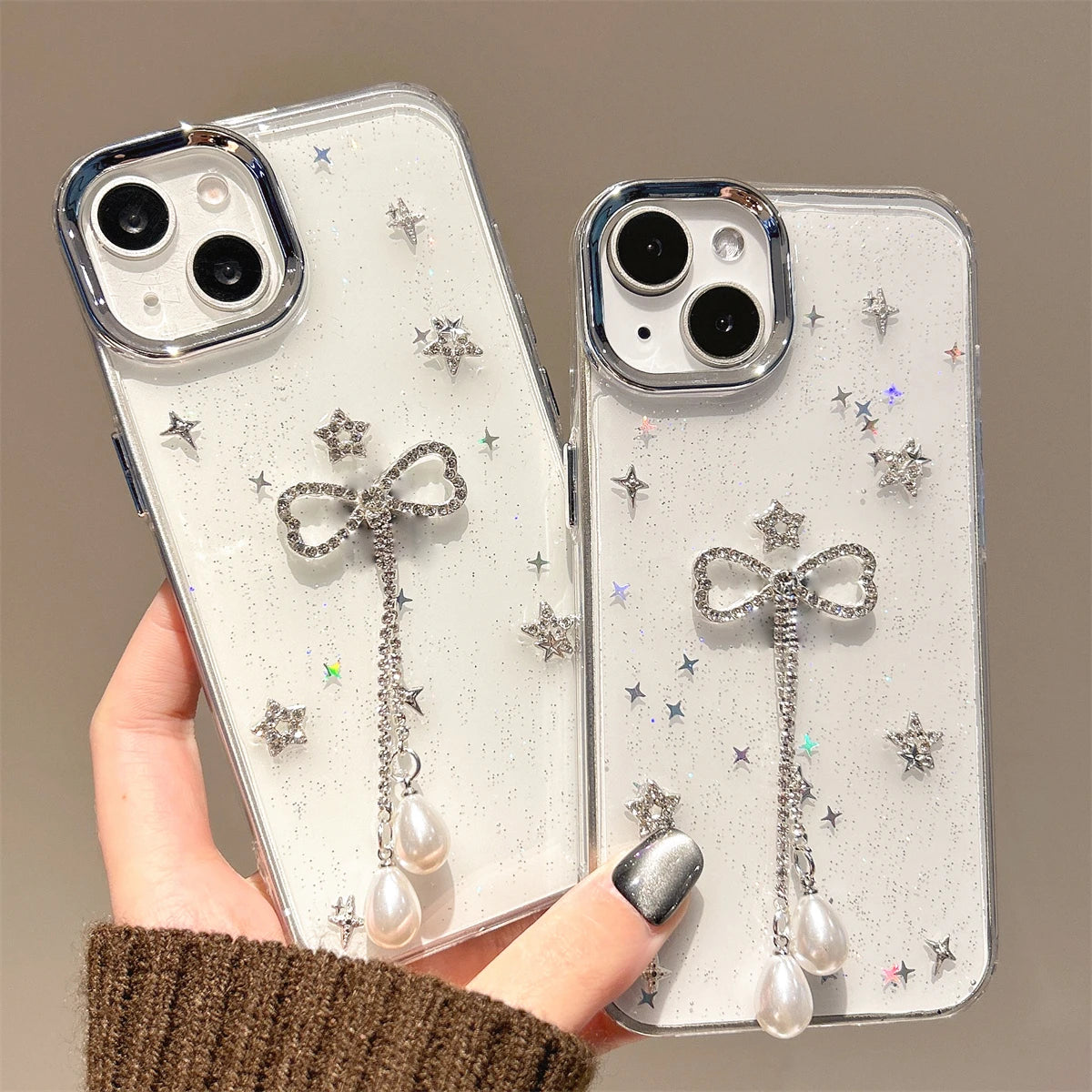 3D Rhinestone Star Bowknot Tassel Epoxy Phone Case For iPhone 16 15 14 13 11 12 Pro Max Plus Glitter Sequins Clear Gift Shell