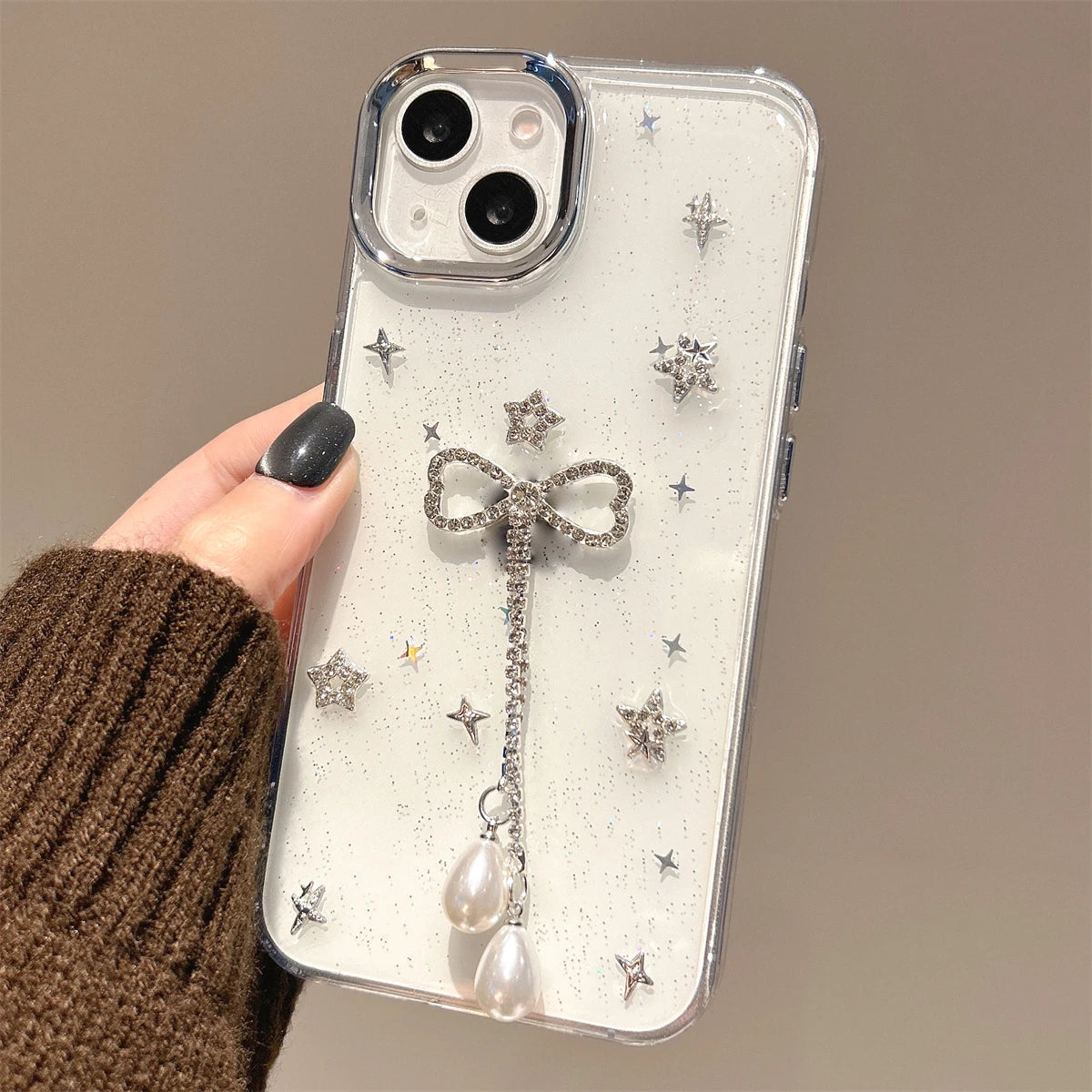 3D Rhinestone Star Bowknot Tassel Epoxy Phone Case For iPhone 16 15 14 13 11 12 Pro Max Plus Glitter Sequins Clear Gift Shell