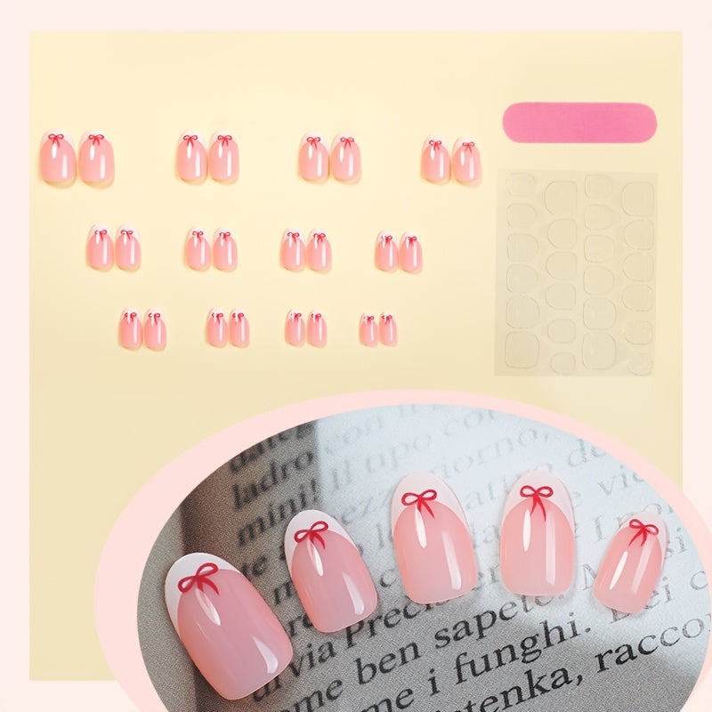 24pcs Oval French Nail Tips, Pink Glossy Finish with Red Bow Detail, Middle Length Press-On Nails, Holiday-Themed False Nails for Women and Girls