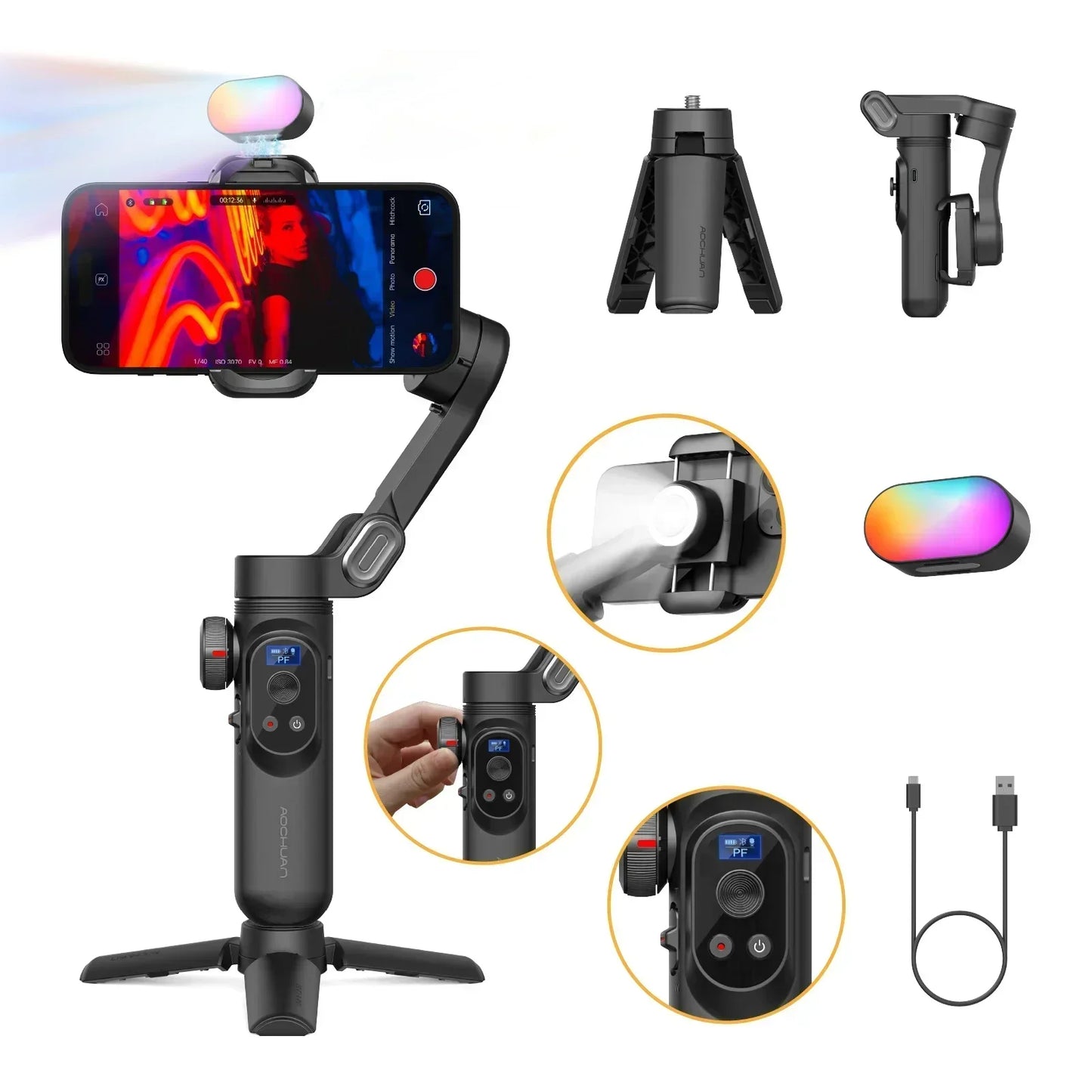 With HD LOED LCD Display Universal Joint Portable Selfie Sticks Folding Handheld Gimbal for iOS Android Smartphones Smart X Pro