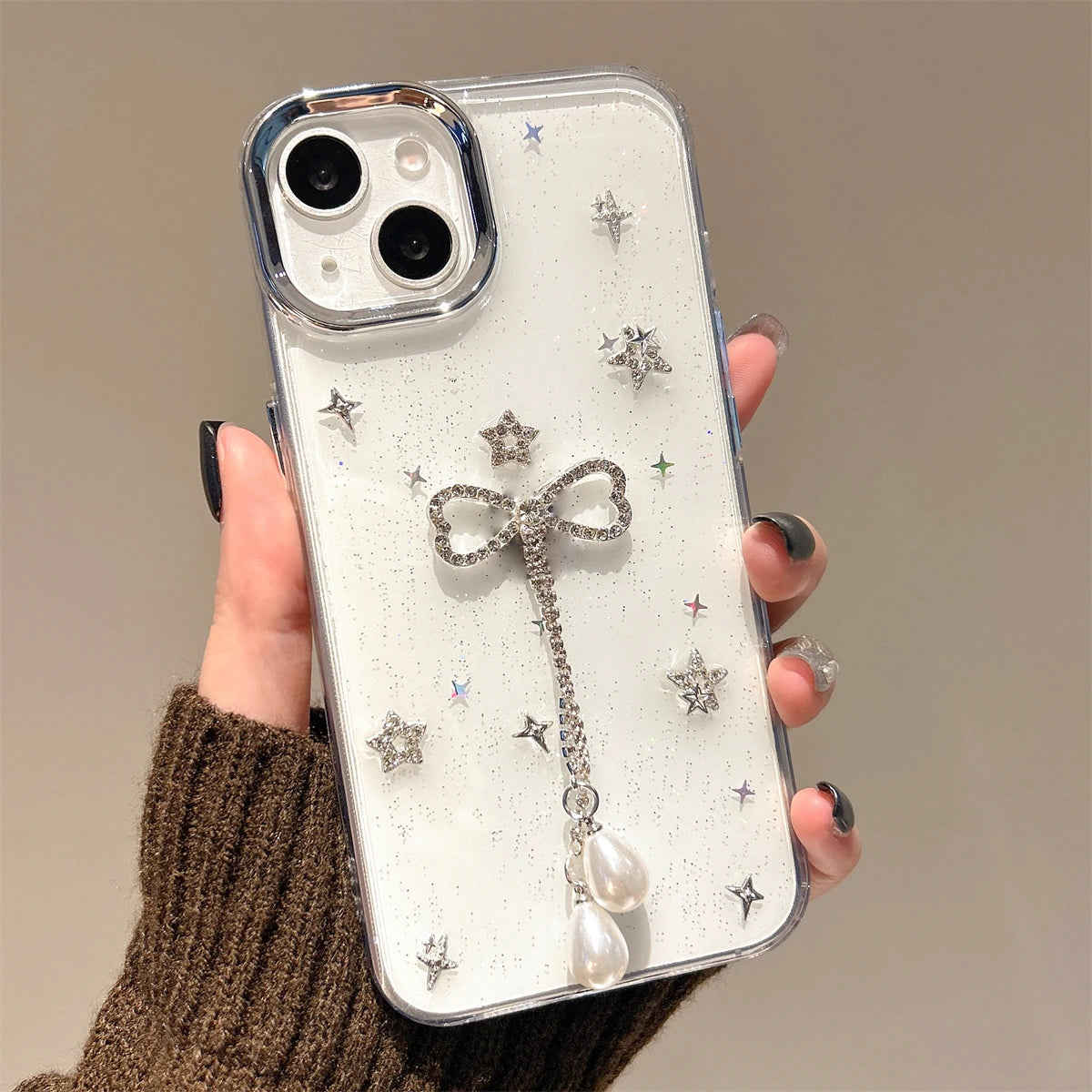 3D Rhinestone Star Bowknot Tassel Epoxy Phone Case For iPhone 16 15 14 13 11 12 Pro Max Plus Glitter Sequins Clear Gift Shell