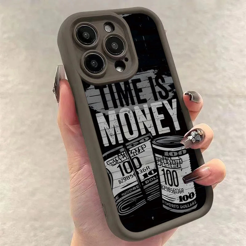 Luxury Phone Case For iPhone 16 15 14 12 11 13 Pro Max Time is Money Printed Soft Cover For iPhone 16E 15 16 Plus 7 8 X XS Case