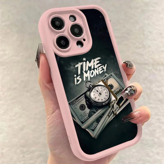 Luxury Phone Case For iPhone 16 15 14 12 11 13 Pro Max Time is Money Printed Soft Cover For iPhone 16E 15 16 Plus 7 8 X XS Case