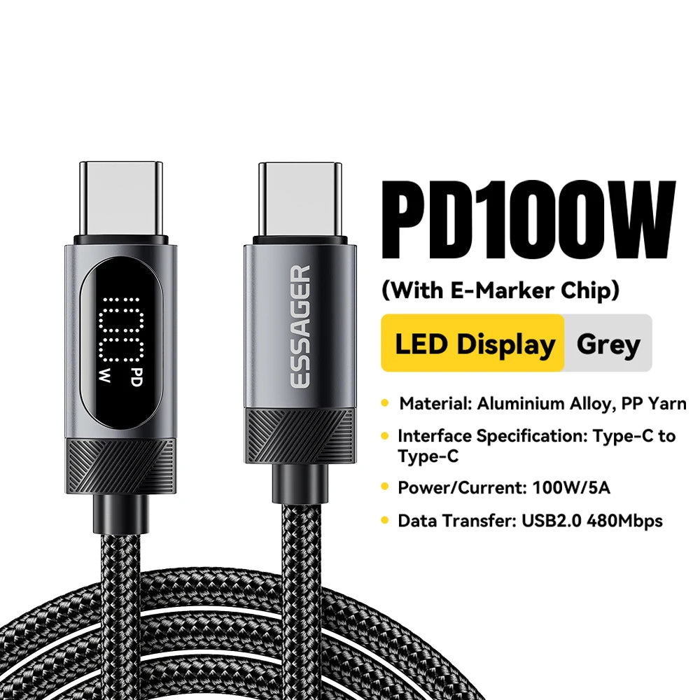 Essager Digital Dispaly USB C Cable For iPhone 16 15 Xiaomi Huawei 100W PD Fast Charging For Macbook iPad Type C to Type C Cable
