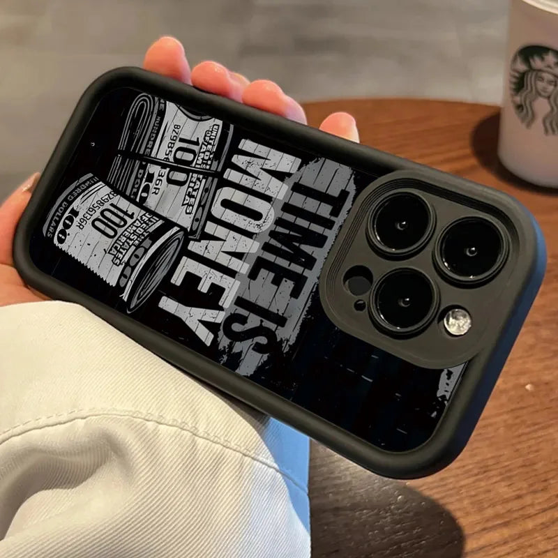 Luxury Phone Case For iPhone 16 15 14 12 11 13 Pro Max Time is Money Printed Soft Cover For iPhone 16E 15 16 Plus 7 8 X XS Case