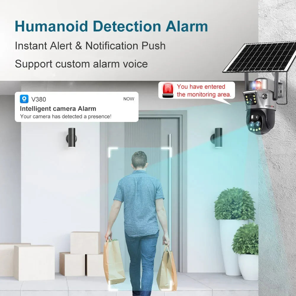 LS VISION Dual Screen WIFI Or 4G SIM Solar Camera 10X Zoom Outdoor Cameras With Light Alarm Auto Tracking PTZ CCTV Cameras IP66