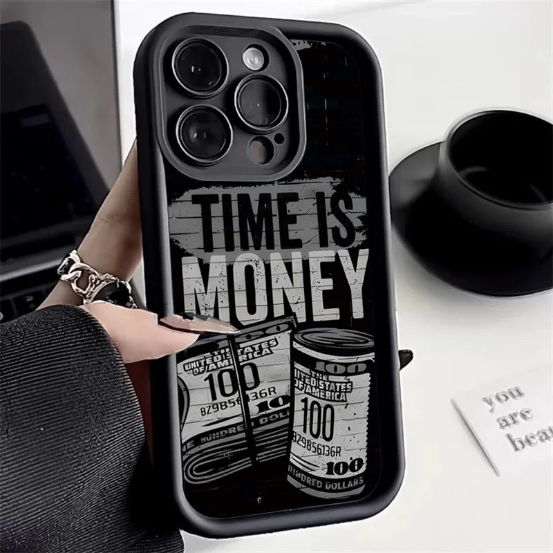 Luxury Phone Case For iPhone 16 15 14 12 11 13 Pro Max Time is Money Printed Soft Cover For iPhone 16E 15 16 Plus 7 8 X XS Case