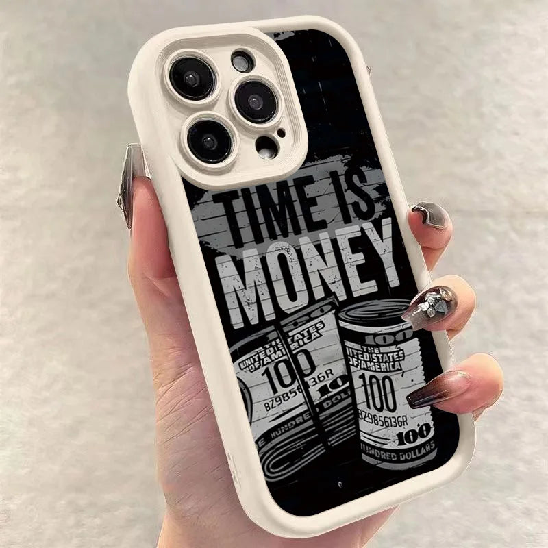 Luxury Phone Case For iPhone 16 15 14 12 11 13 Pro Max Time is Money Printed Soft Cover For iPhone 16E 15 16 Plus 7 8 X XS Case