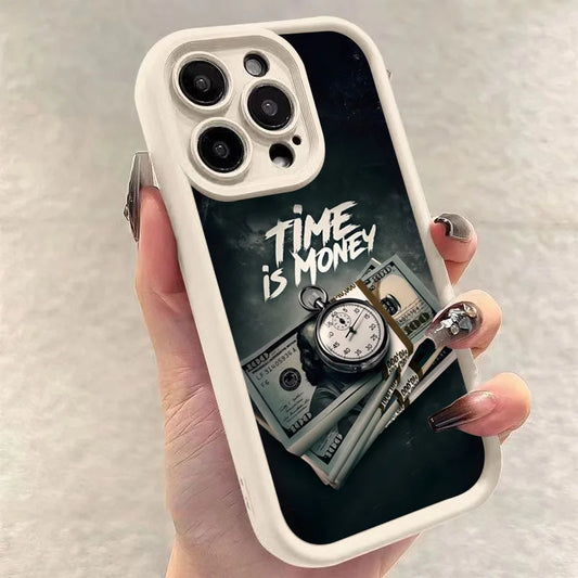 Luxury Phone Case For iPhone 16 15 14 12 11 13 Pro Max Time is Money Printed Soft Cover For iPhone 16E 15 16 Plus 7 8 X XS Case