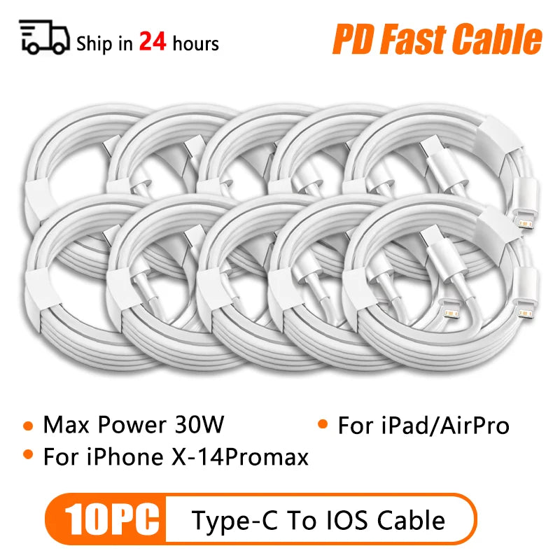 10Pcs 66W Type C PD 30W USB Cable For Apple iPhone 16 15 14 13 12 11 Pro Max 7 8 Plus XS R Fast Charging USB C Cable Charge Wire