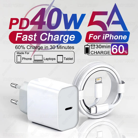 For Apple 40W For iPhone Charger USB Type C Fast Charger For iPhone 16 15 14 13 12 11 Pro Max Plus PD Charging Cable Accessories