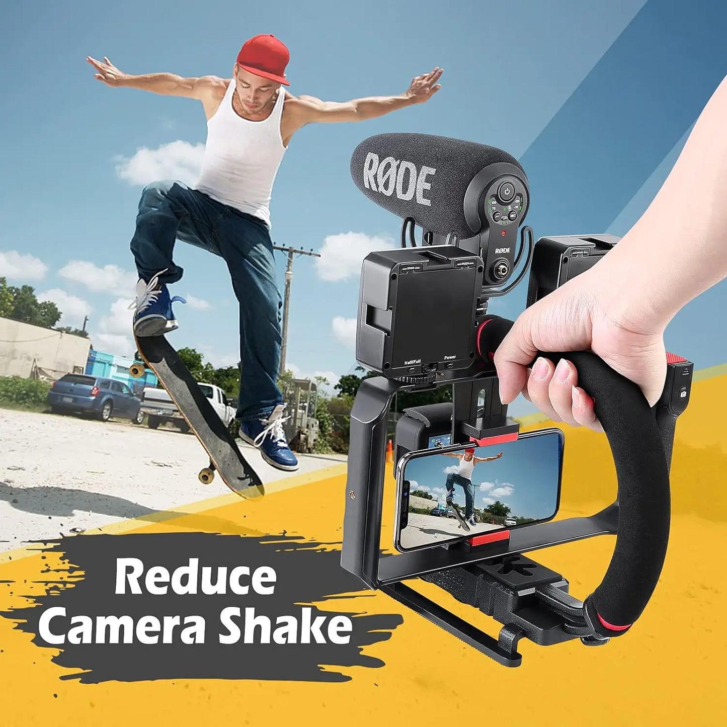 Camera Smartphone Stabilizer, Portable Handle Grip Handheld Video Rig with Carrying Case, Fits for All Camera, Camcorder