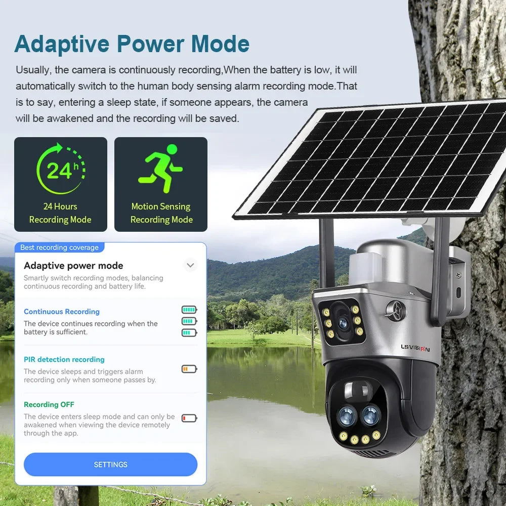 LS VISION Dual Screen WIFI Or 4G SIM Solar Camera 10X Zoom Outdoor Cameras With Light Alarm Auto Tracking PTZ CCTV Cameras IP66