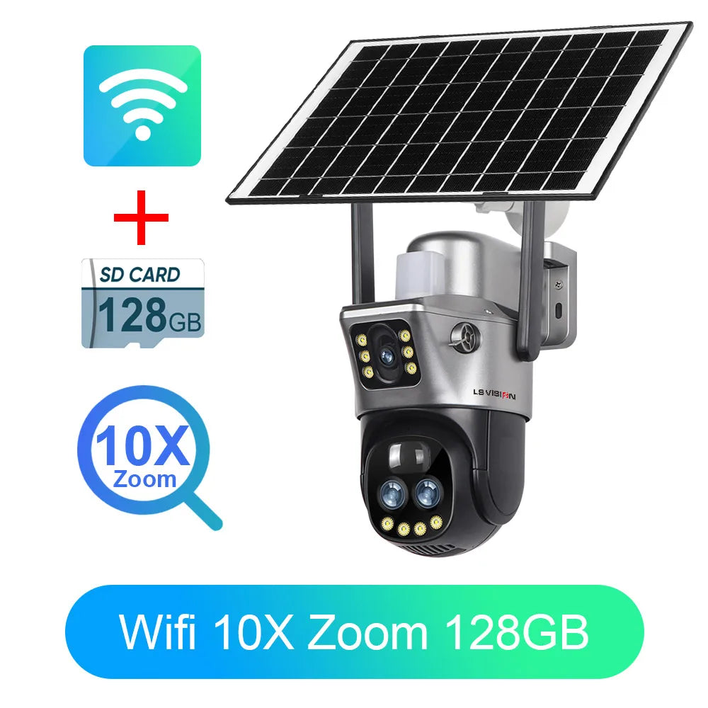 LS VISION Dual Screen WIFI Or 4G SIM Solar Camera 10X Zoom Outdoor Cameras With Light Alarm Auto Tracking PTZ CCTV Cameras IP66