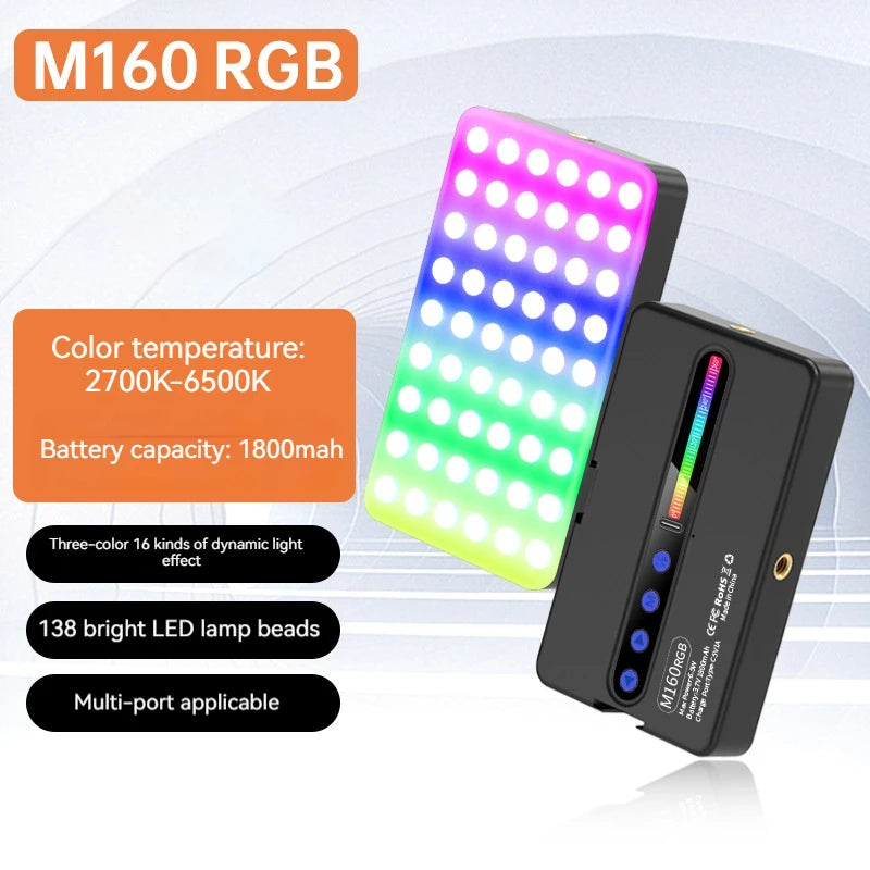 Andoer M160 RGB LED Video Light 2700-6500K Handheld Photography Fill Lamp CRI95+ Built-in 1800mah Cold Shoes Vlog Pocket Lamp