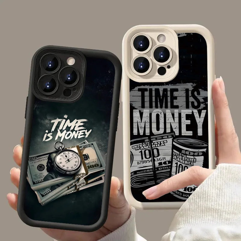 Luxury Phone Case For iPhone 16 15 14 12 11 13 Pro Max Time is Money Printed Soft Cover For iPhone 16E 15 16 Plus 7 8 X XS Case