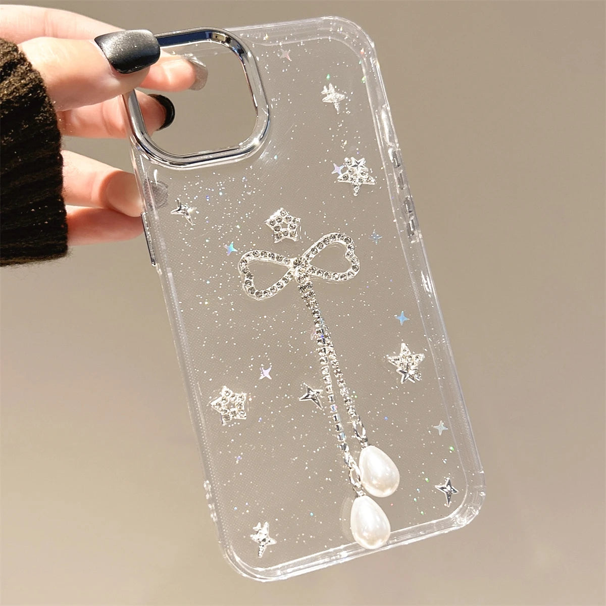 3D Rhinestone Star Bowknot Tassel Epoxy Phone Case For iPhone 16 15 14 13 11 12 Pro Max Plus Glitter Sequins Clear Gift Shell