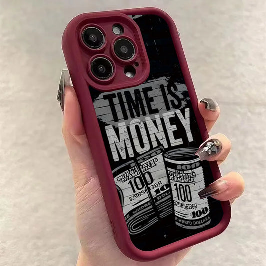 Luxury Phone Case For iPhone 16 15 14 12 11 13 Pro Max Time is Money Printed Soft Cover For iPhone 16E 15 16 Plus 7 8 X XS Case