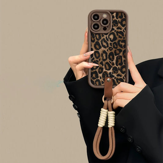 Winter Leopard Print Phone Chain Case For iPhone 16 15 14 13 11 12 Pro Max Plus Cute Short Nylon Lanyard Hanging Rope Cover