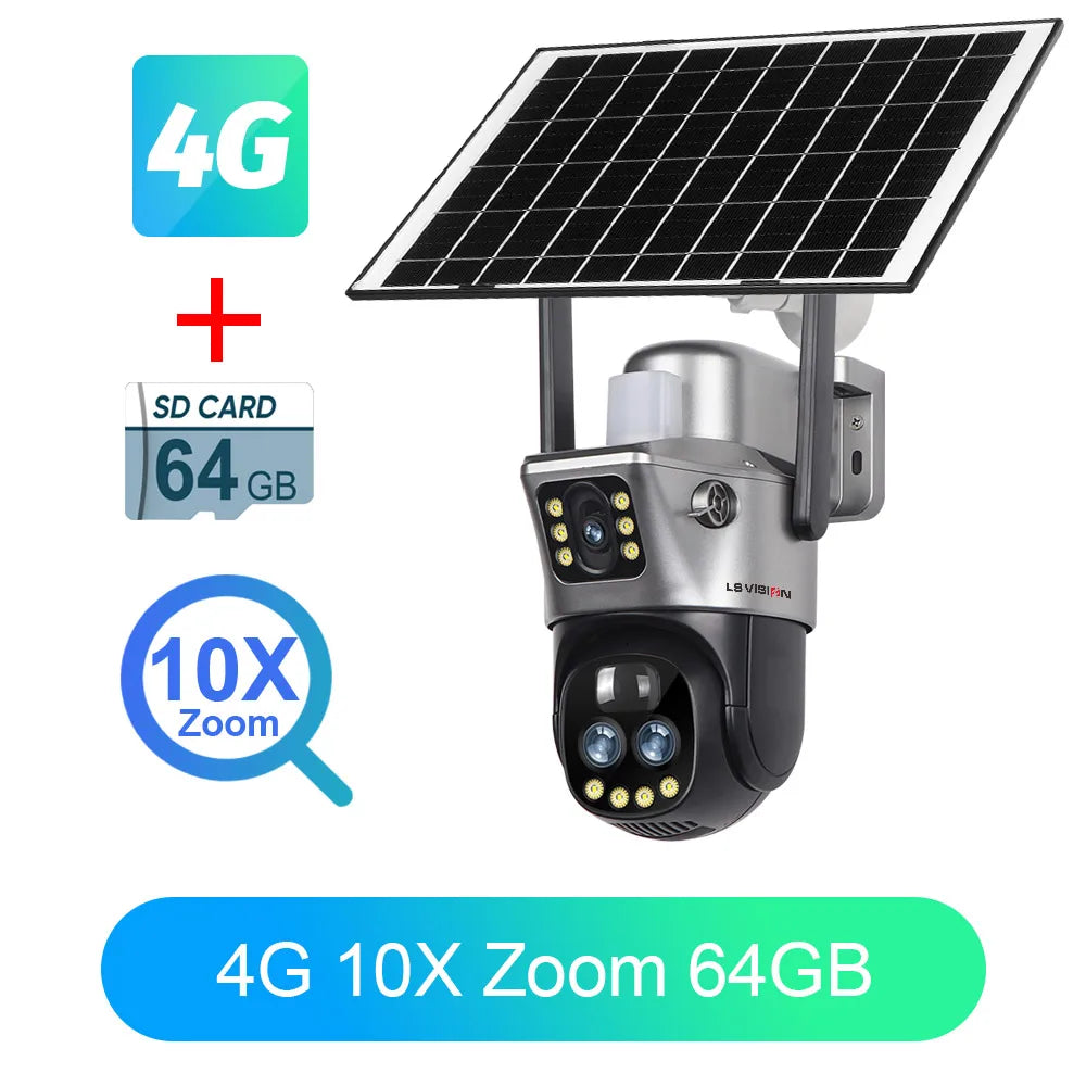 LS VISION Dual Screen WIFI Or 4G SIM Solar Camera 10X Zoom Outdoor Cameras With Light Alarm Auto Tracking PTZ CCTV Cameras IP66
