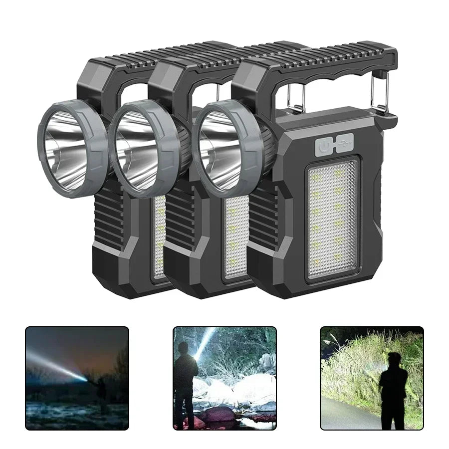 High Power LED Solar Light Rechargeable Camping Work Light Portable Red and Blue Alert Torch 4 Lighting Mode Lamp Outdoor Patrol