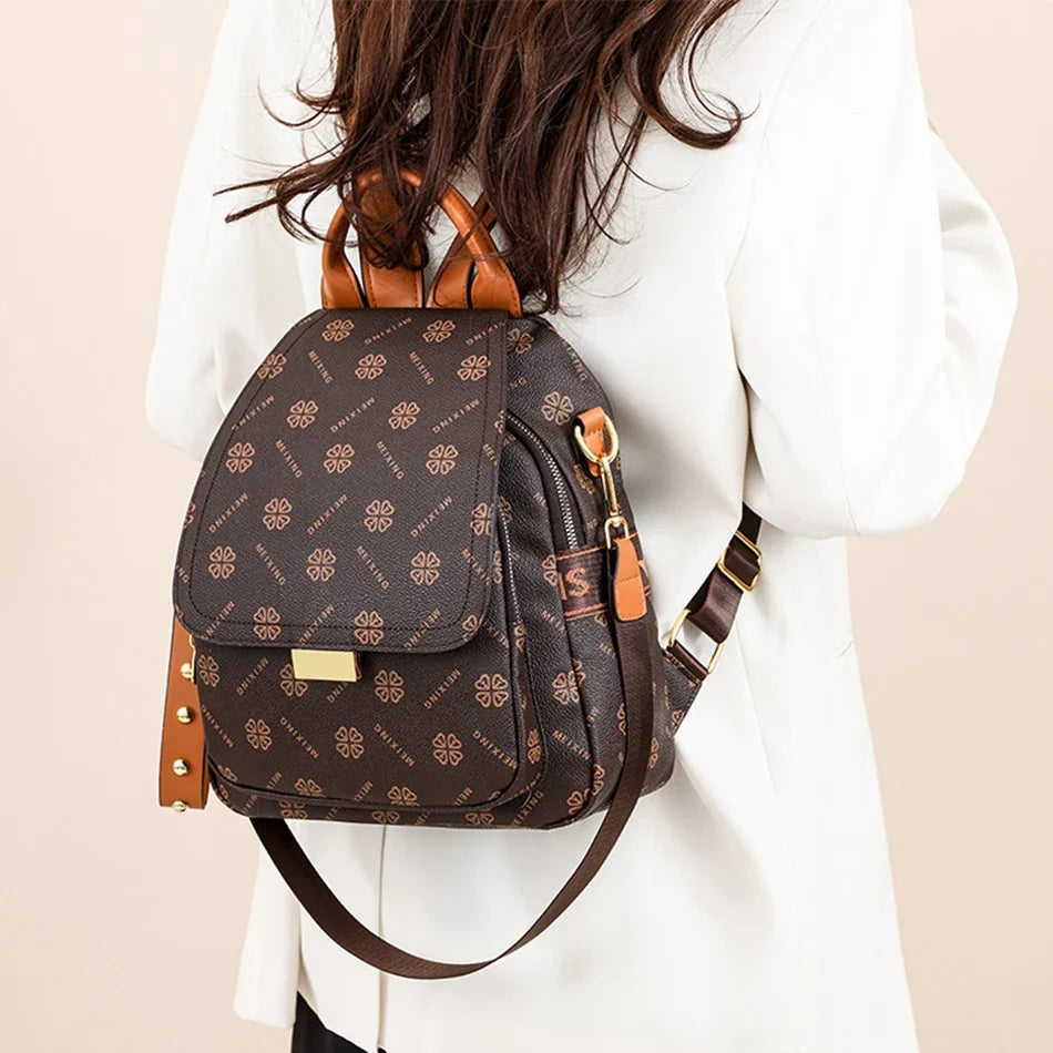 Women's Leather Backpack High-grade Texture Portable  Elegant Printed Design Anti-Theft Versatile Shoulder Bag for Daily Use