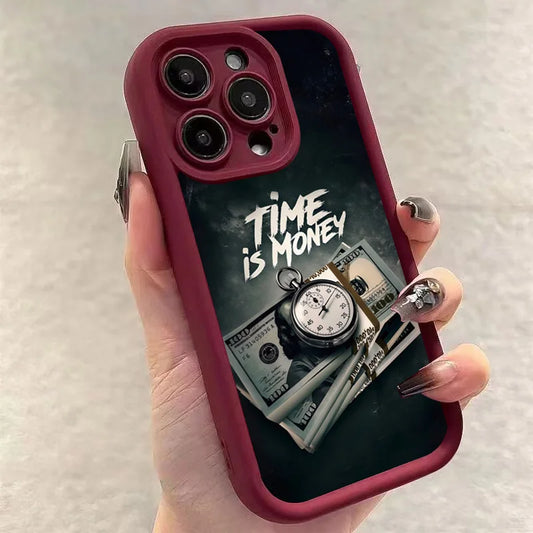 Luxury Phone Case For iPhone 16 15 14 12 11 13 Pro Max Time is Money Printed Soft Cover For iPhone 16E 15 16 Plus 7 8 X XS Case