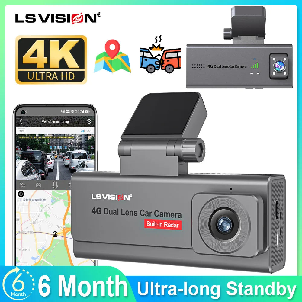 LS VISION 4G Front &Rear View Cameras HD Dash Cam Per Auto  Built-in G-sensor /GPS /Long Standby Parking Monitoring /Cloud Sd