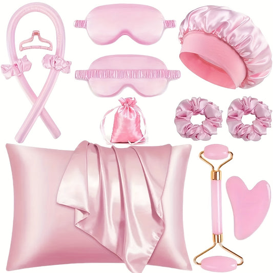 12pcs Sleep Hair Styling Tool Set, 4pcs Curlers and 2pcs Face Massagers, 1pc Silky Pillowcase, 2pcs Large Hair Ties, 1pc Sleep Mask, and 1pc Satin Sleep Cap for Hair and Light Beige Queen Set, No-Heat Curling Kit, Overnight C